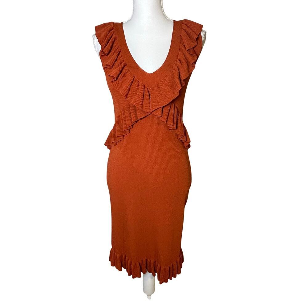 Leon Max limited edition copper orange ruffle sleeveless stretch bodycon dress M